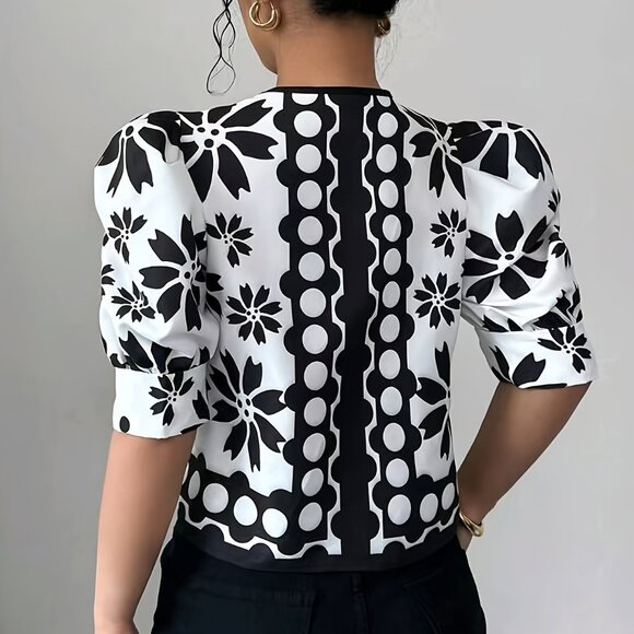 Noir Blossom Tie-Front Blouse – Puff Sleeve Statement Top - Picture 3 of 5